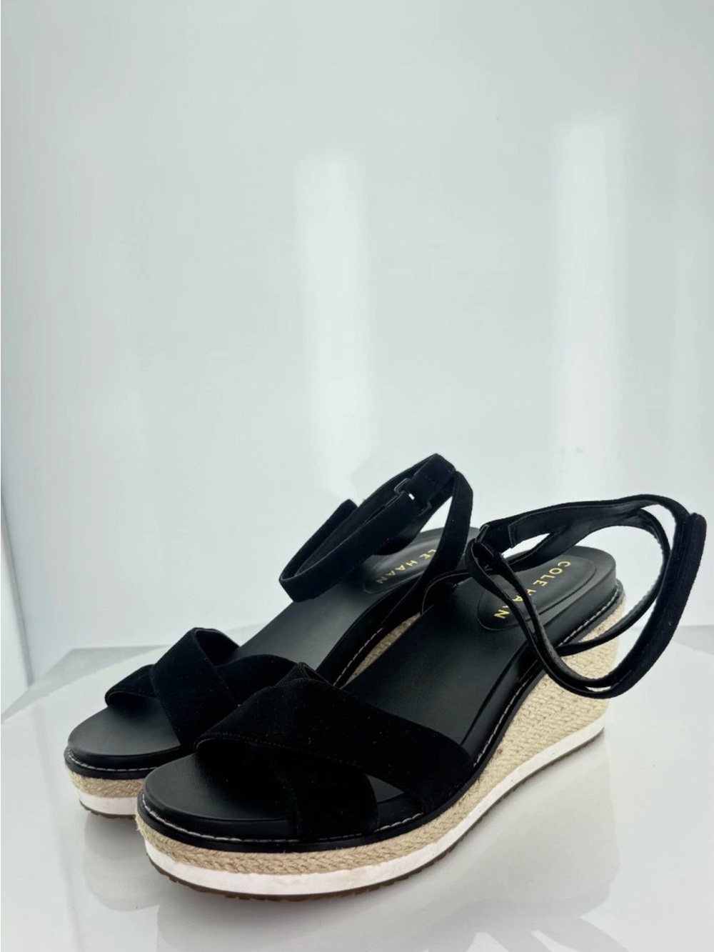 Cole Haan Black Espadrille Wedge Sandals with Ankle Strap